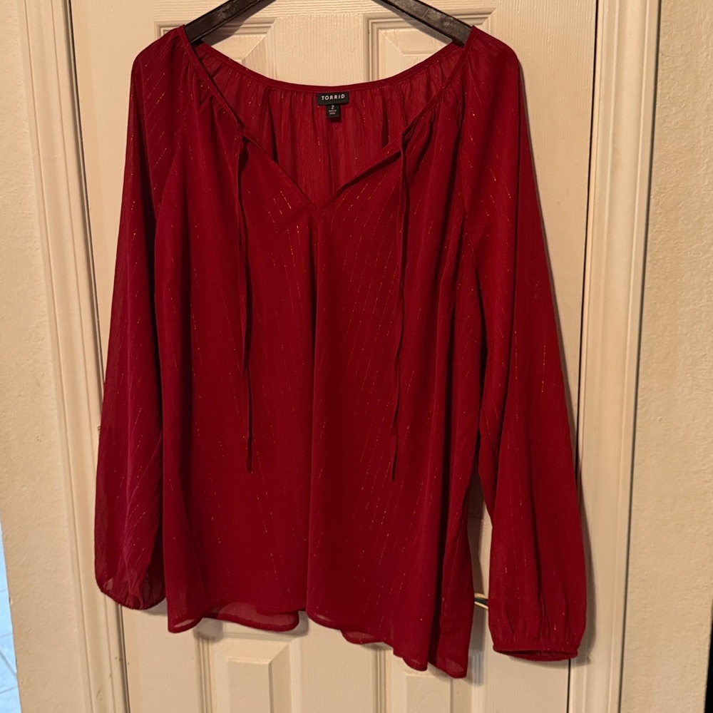 Torrid sheer Red Blouse with shimmering stripes